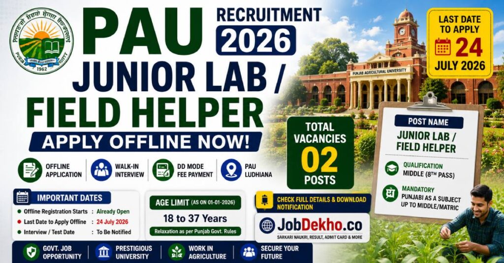 PAU Junior Lab / Field Helper Recruitment 2026 Apply Offline for 02 PostsΒ